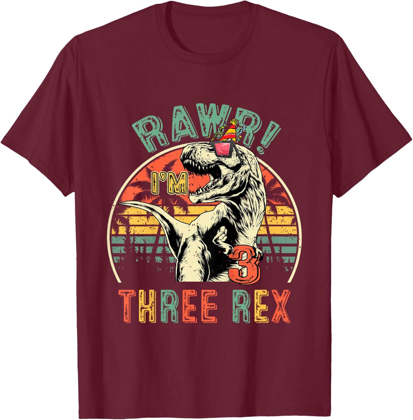 Kids Three Rex Birthday Party Outfit Dinosaur 3 Year Old Boy T-Shirt - T-Shirt | Maroon