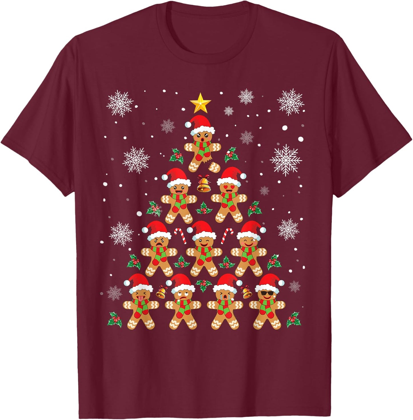 Funny Gingerbread Man Christmas Outfits Co. Funny Gingerbread Christmas Tree - -Adults, Kids - Black - Short Sleeve - - Classic Fit - Cotton, Polyester - Machine Wash T-Shirt - T-Shirt | Maroon