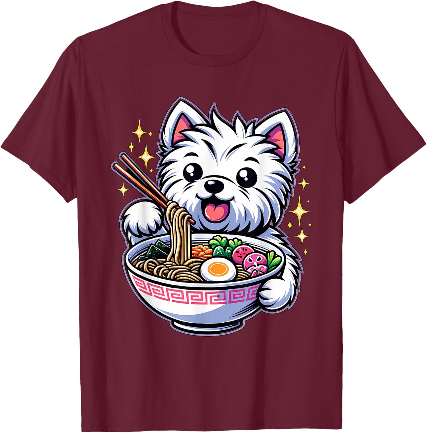 Kawaii Anime West Highland Terrier Dog Ramen T-Shirt - T-Shirt | Maroon