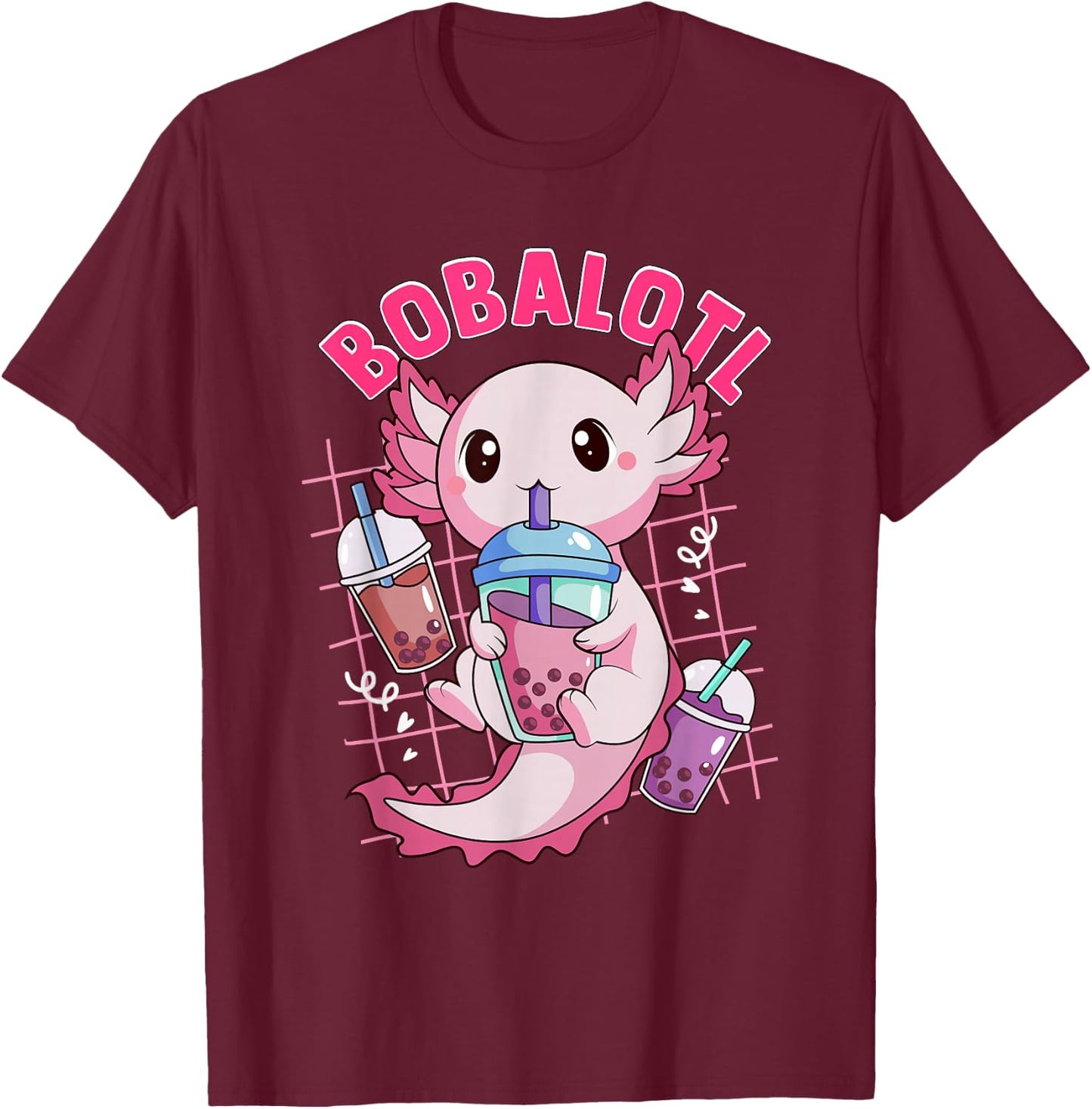 Bobalotl Kawaii Axolotl Drinking Boba Tea Pet Axolotl Lover T-Shirt - T-Shirt | Maroon