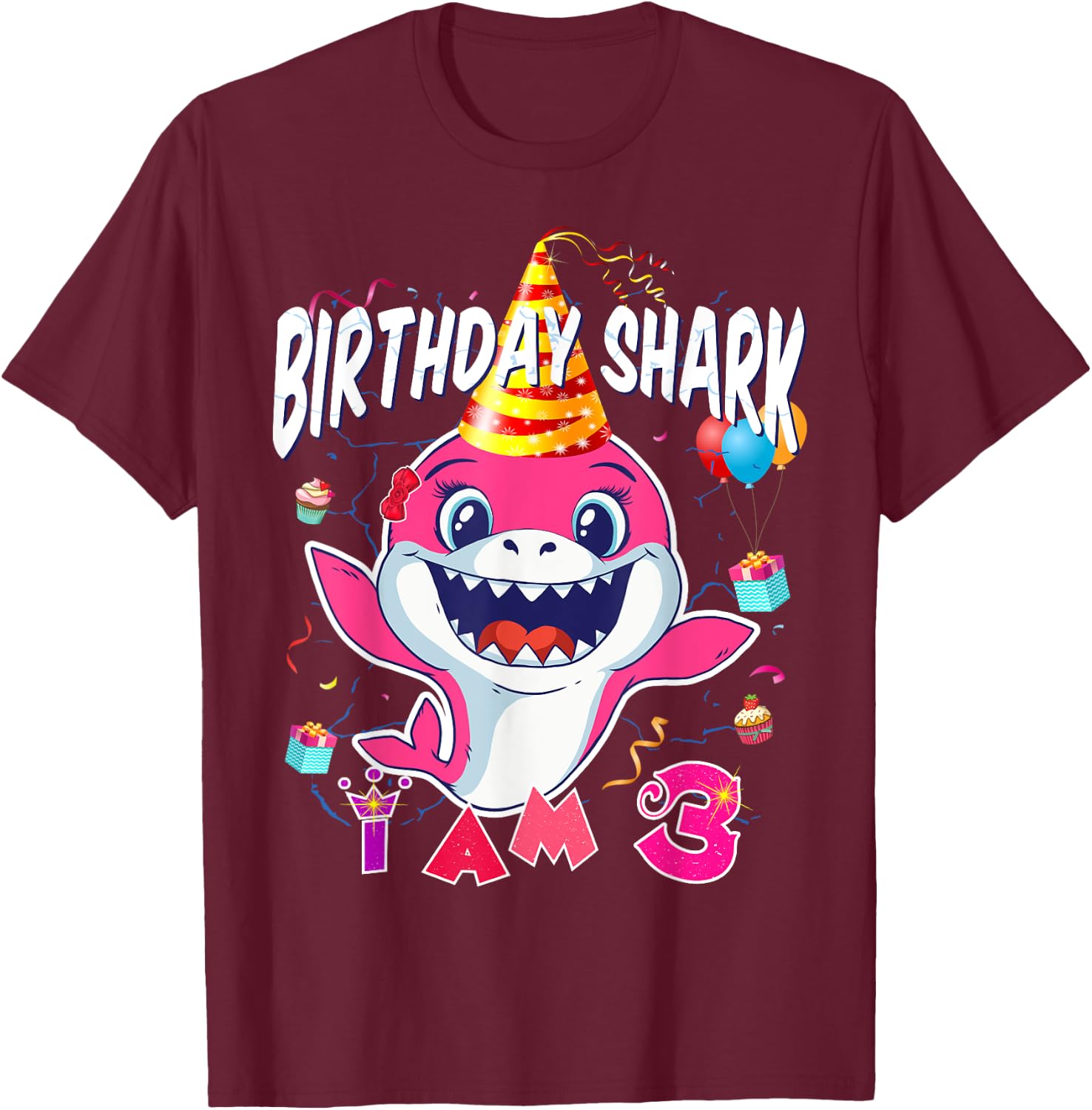 3rd Birthday Girl Shark Birthday Party I Am 3 years Old T-Shirt - T-Shirt | Maroon