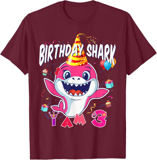 3rd Birthday Girl Shark Birthday Party I Am 3 years Old T-Shirt - T-Shirt | Maroon