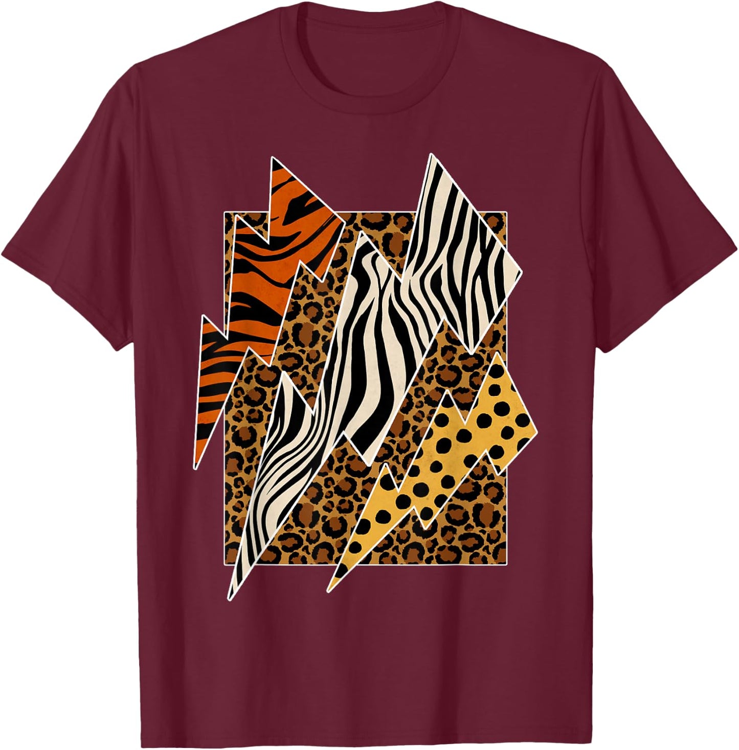 Cheetah Tiger Leopard Zebra Lightning Wild Animal Print Zoo T-Shirt - T-Shirt | Maroon