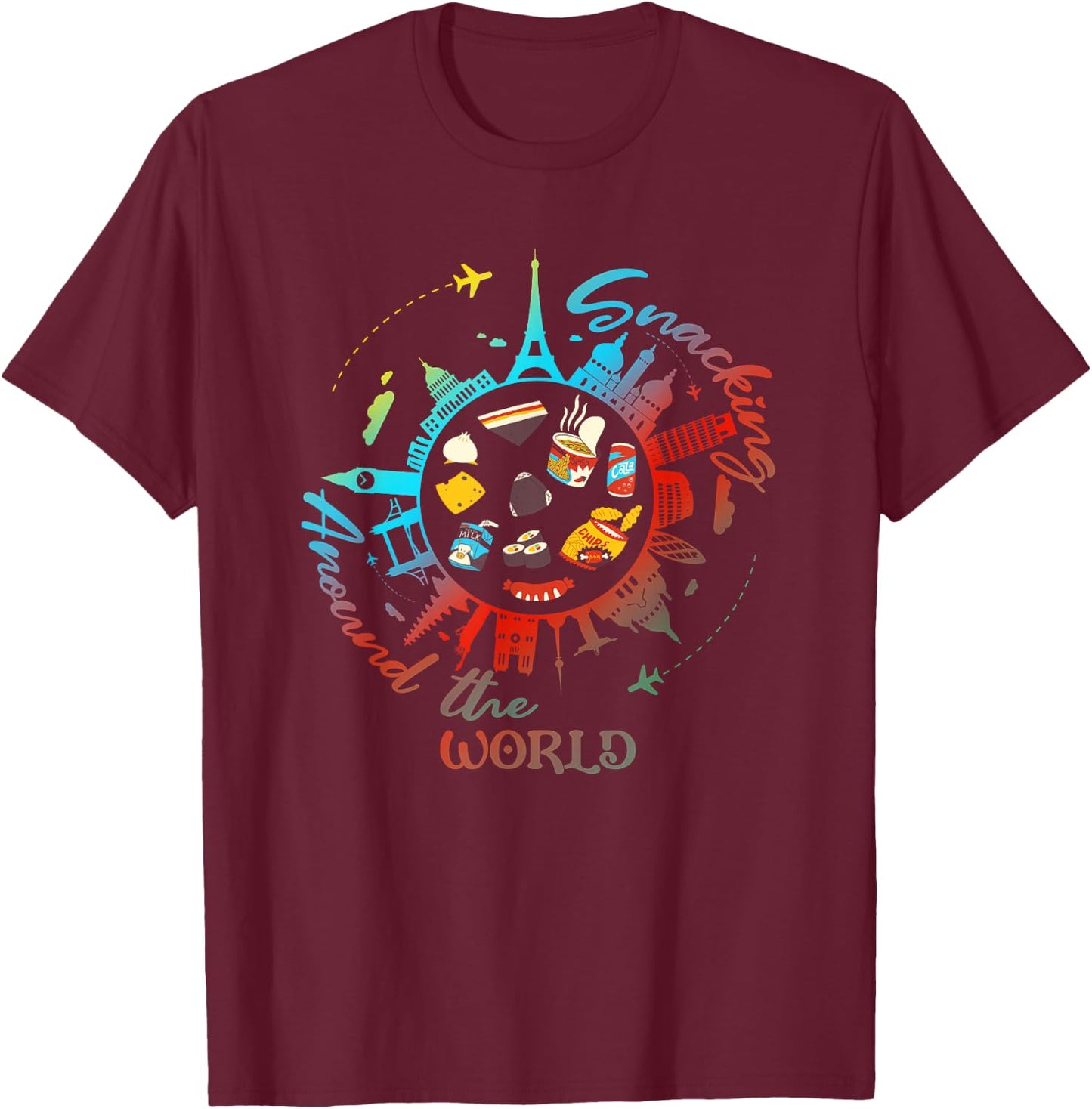 Snacking Around The World Fastfood Travel for Food Lover T-Shirt - T-Shirt | Maroon