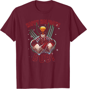 Marvel Christmas Wolverine Happy Holidays Bub! T-Shirt - T-Shirt | Maroon