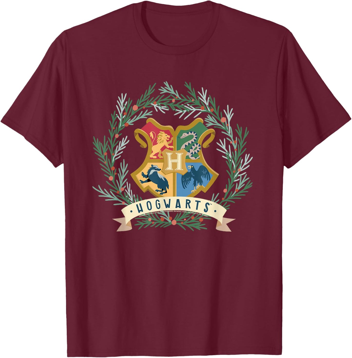 Harry Potter Hogwarts Shield Christmas Wreath T-Shirt - T-Shirt | Maroon