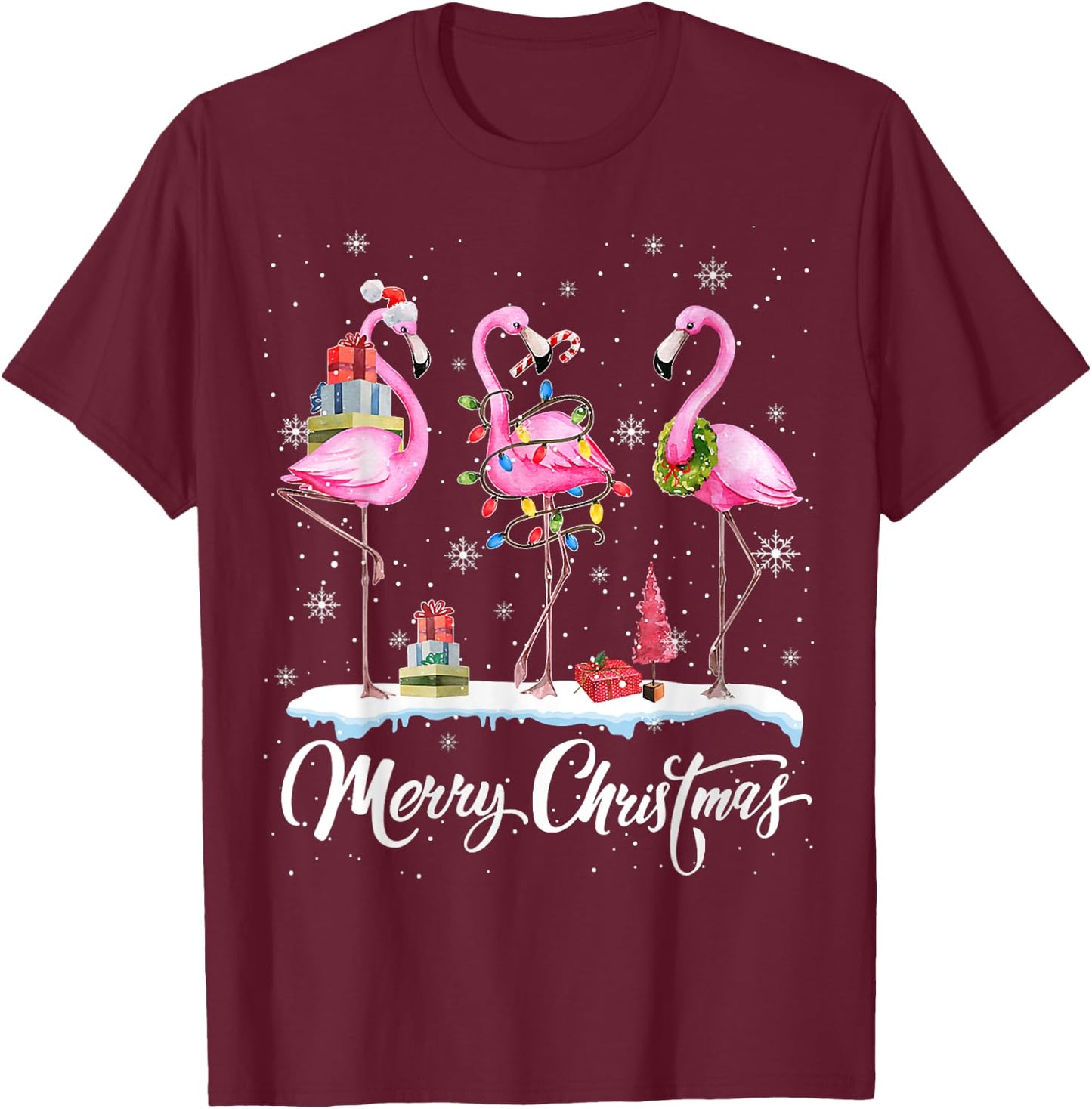 Merry Christmas Hat Santa Flamingo Light Christmas In July T-Shirt - T-Shirt | Maroon