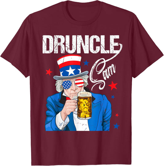 Funny Druncle Sam Uncle Sam Drinking Beer Indepedence Day T-Shirt - T-Shirt | Maroon