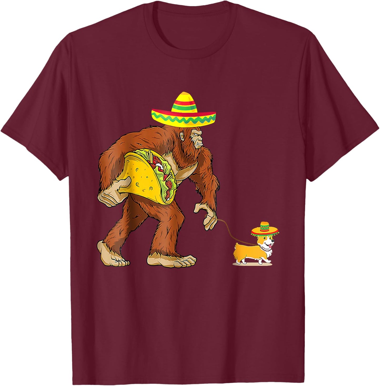 Bigfoot Steal Taco Corgi Dog Funny Cinco De Mayo Men Women T-Shirt - T-Shirt | Maroon