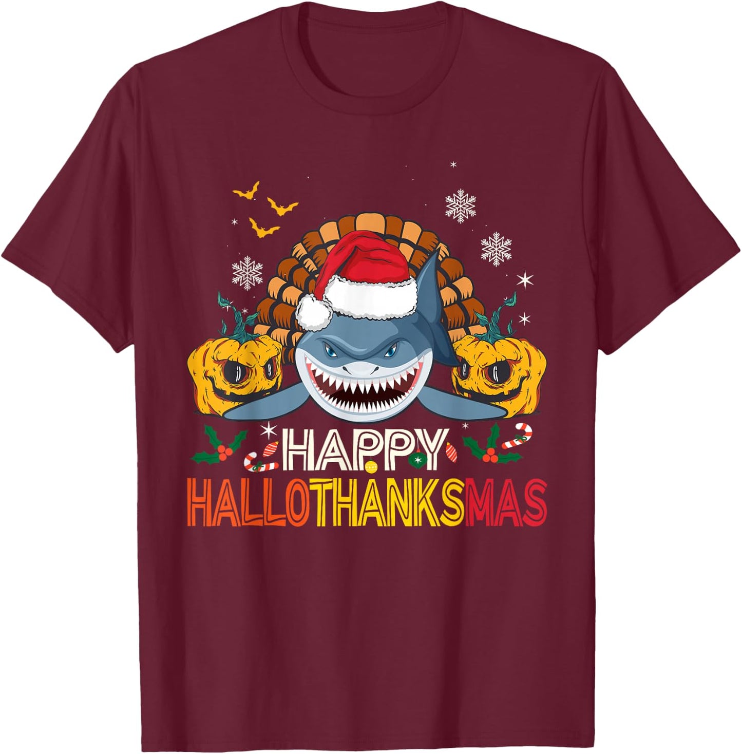 Happy HalloThanksMas Shark Halloween Thanksgiving Christmas T-Shirt - T-Shirt | Maroon