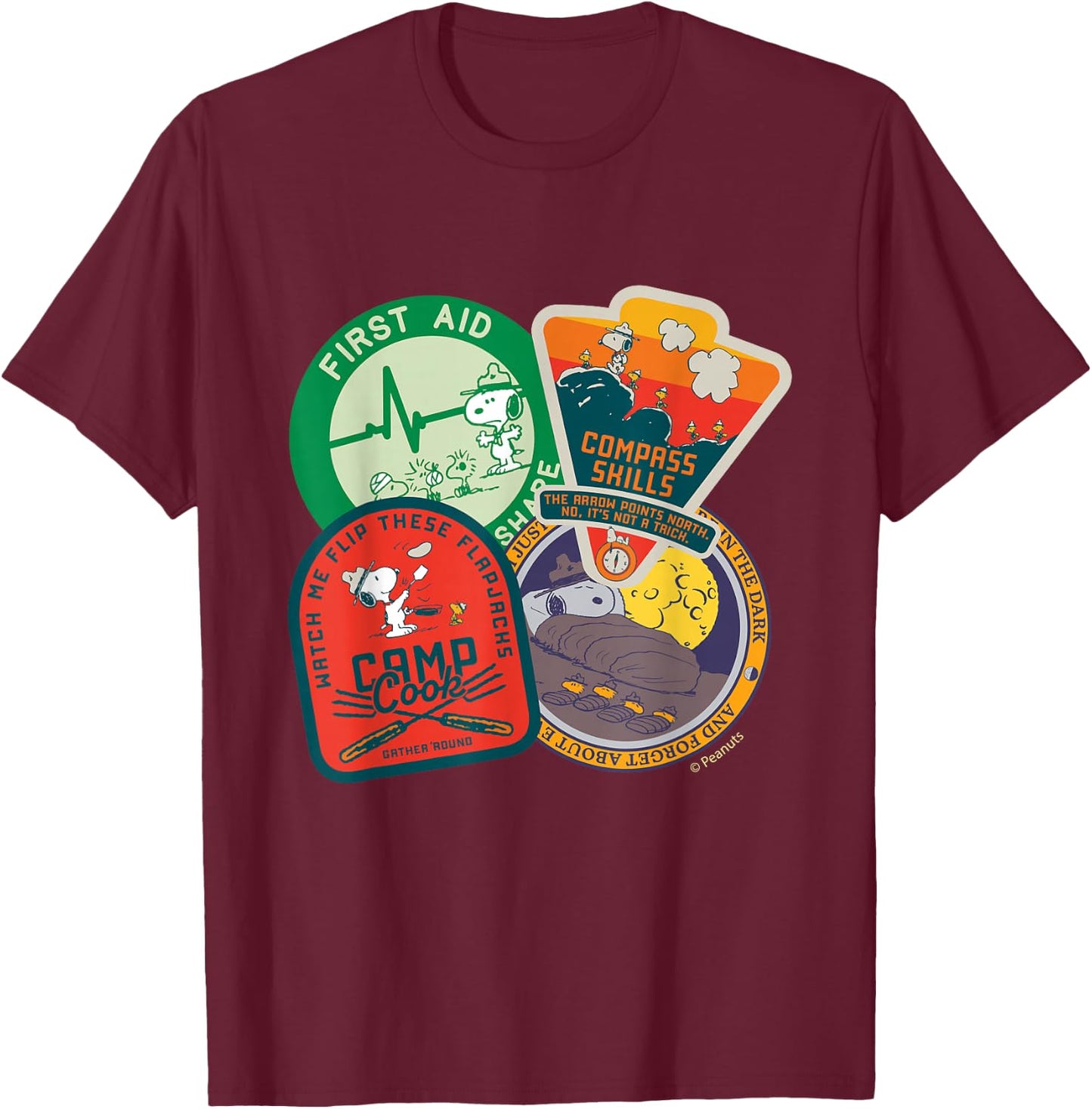 Peanuts - Snoopy Woodstock Beagle Scouts Badges T-Shirt - T-Shirt | Maroon