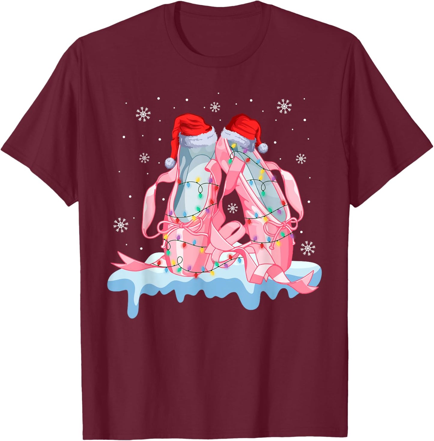 Pink Ballet Shoes Christmas Lights Ballerina Pajamas Ugly T-Shirt - T-Shirt | Maroon
