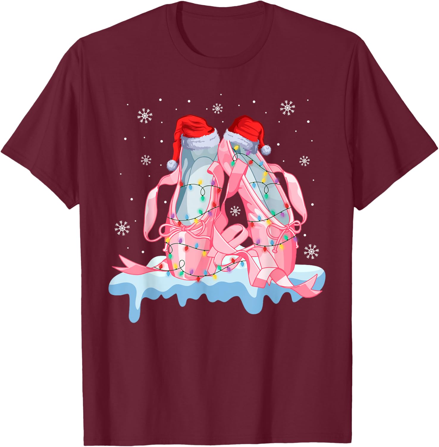 Pink Ballet Shoes Christmas Lights Ballerina Pajamas Ugly T-Shirt - T-Shirt | Maroon