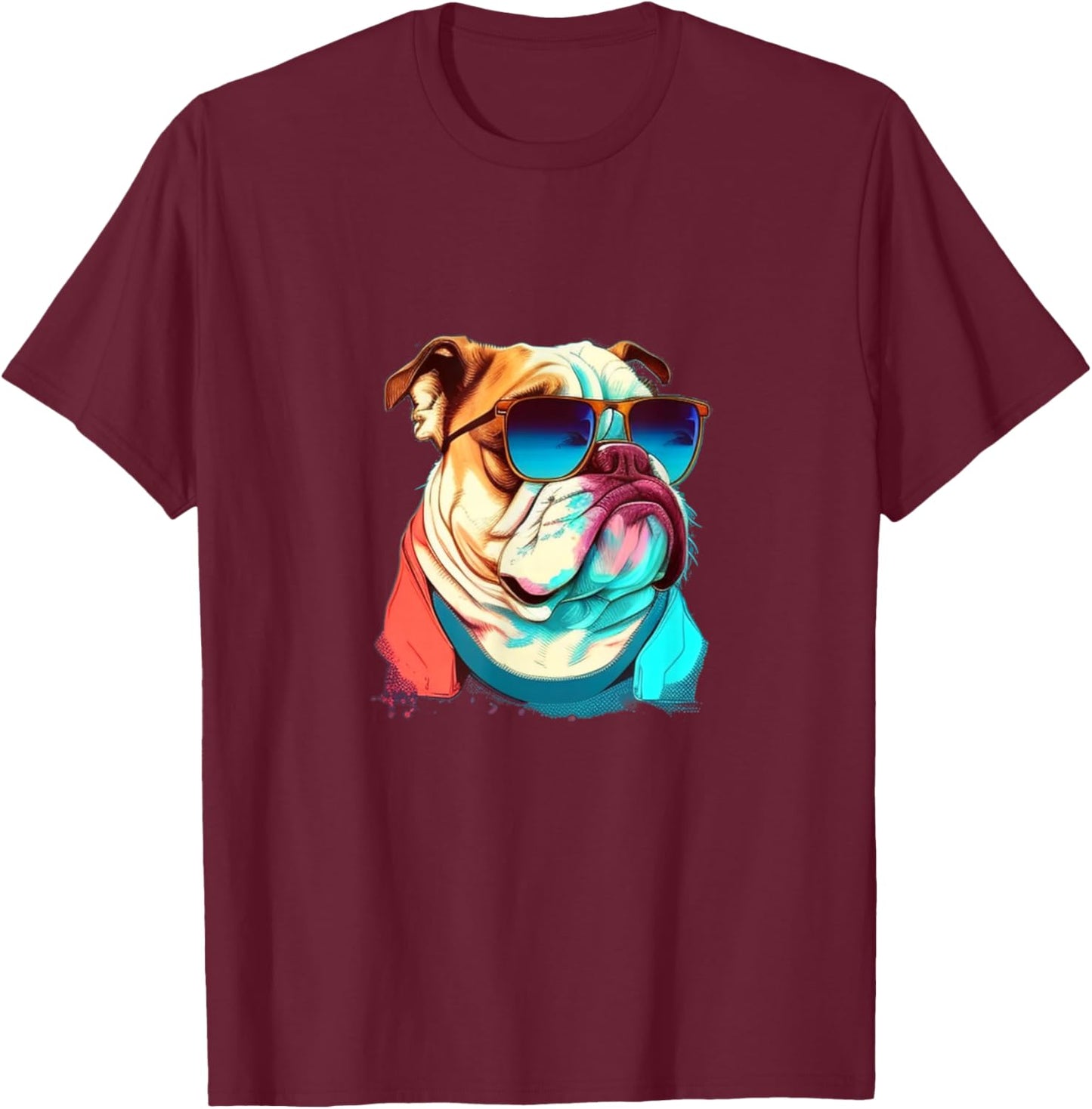 Funny English Bulldog with Sunglasses T-Shirt - T-Shirt | Maroon