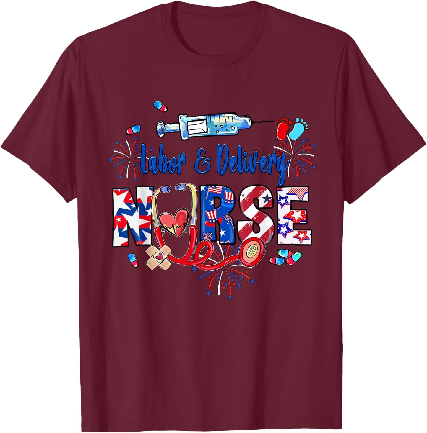 Labor & Delivery Nurse American Flag Patriotic 4th Of July Men T-Shirt - T-Shirt | Maroon