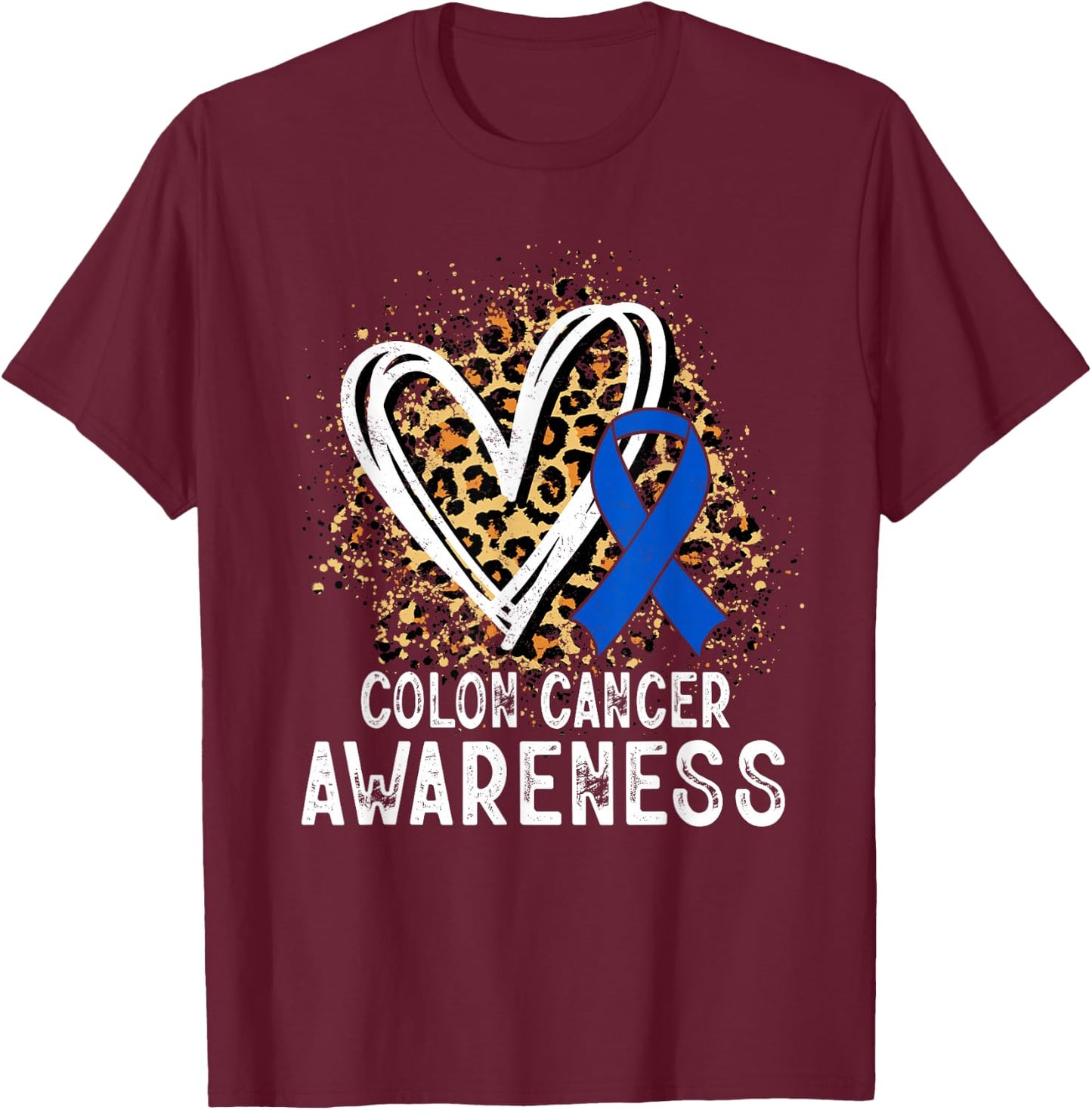 Colon Cancer Awareness Leopard Heart T-Shirt - T-Shirt | Maroon