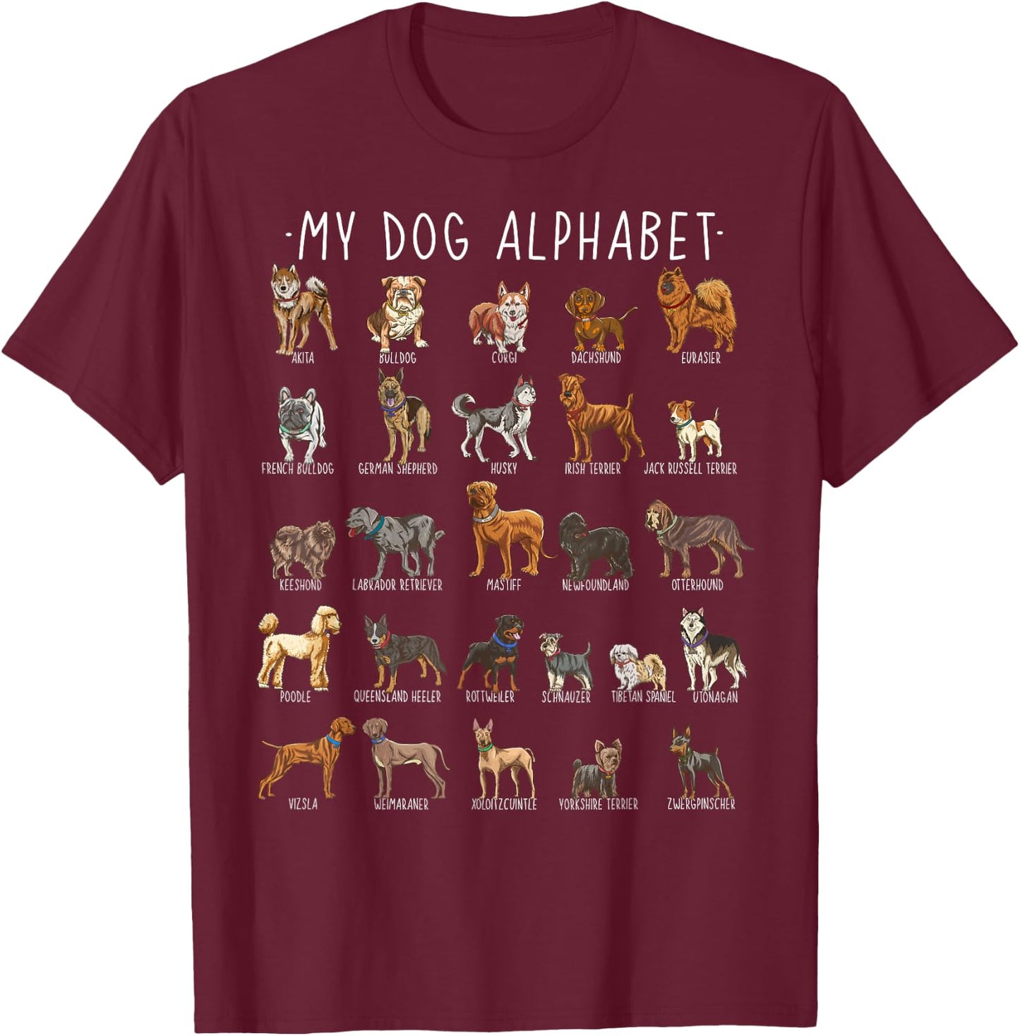 Types of Dogs Alphabet - Dog Identification - A-Z ABC T-Shirt - T-Shirt | Maroon