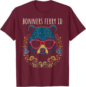 Bonners Ferry Idaho Fun Bear Wearing Glasses Flowers Design T-Shirt - T-Shirt | Maroon