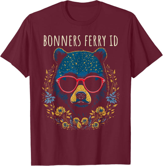 Bonners Ferry Idaho Fun Bear Wearing Glasses Flowers Design T-Shirt - T-Shirt | Maroon