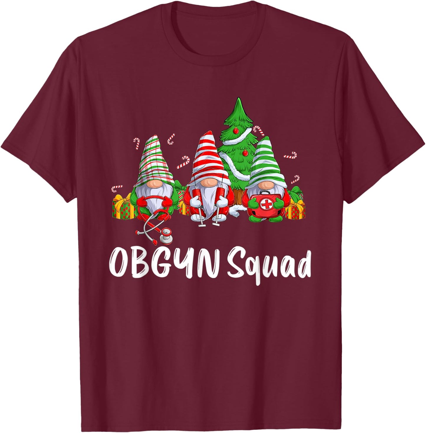 OBGYN Squad Gnomes Funny OBGYN Nurse Christmas Pajama Xmas T-Shirt - T-Shirt | Maroon