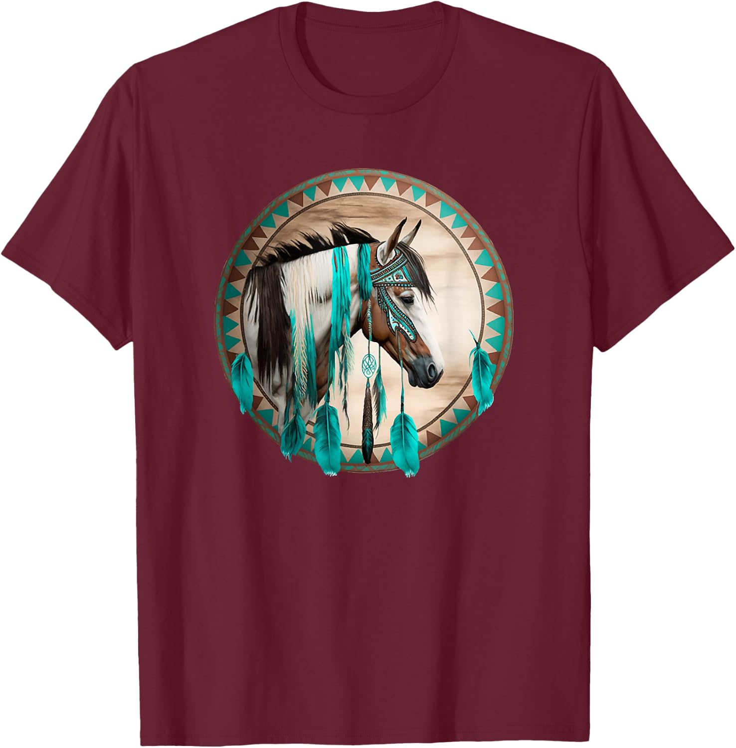 Western Horse Tribal Turquoise Stripe Design T-Shirt - T-Shirt | Maroon