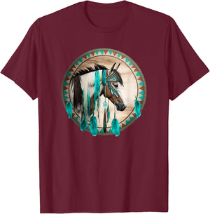 Western Horse Tribal Turquoise Stripe Design T-Shirt - T-Shirt | Maroon