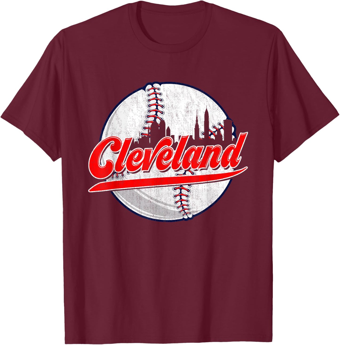 Vintage Cleveland Cityscape For Baseball Lover and Player T-Shirt - T-Shirt | Maroon
