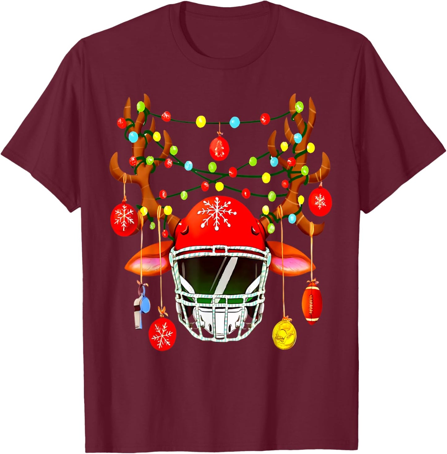 Christmas Football Santa Hat Sports Xmas Team Lovers Holiday T-Shirt - T-Shirt | Maroon