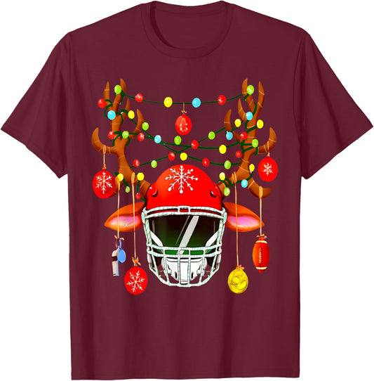 Christmas Football Santa Hat Sports Xmas Team Lovers Holiday T-Shirt - T-Shirt | Maroon