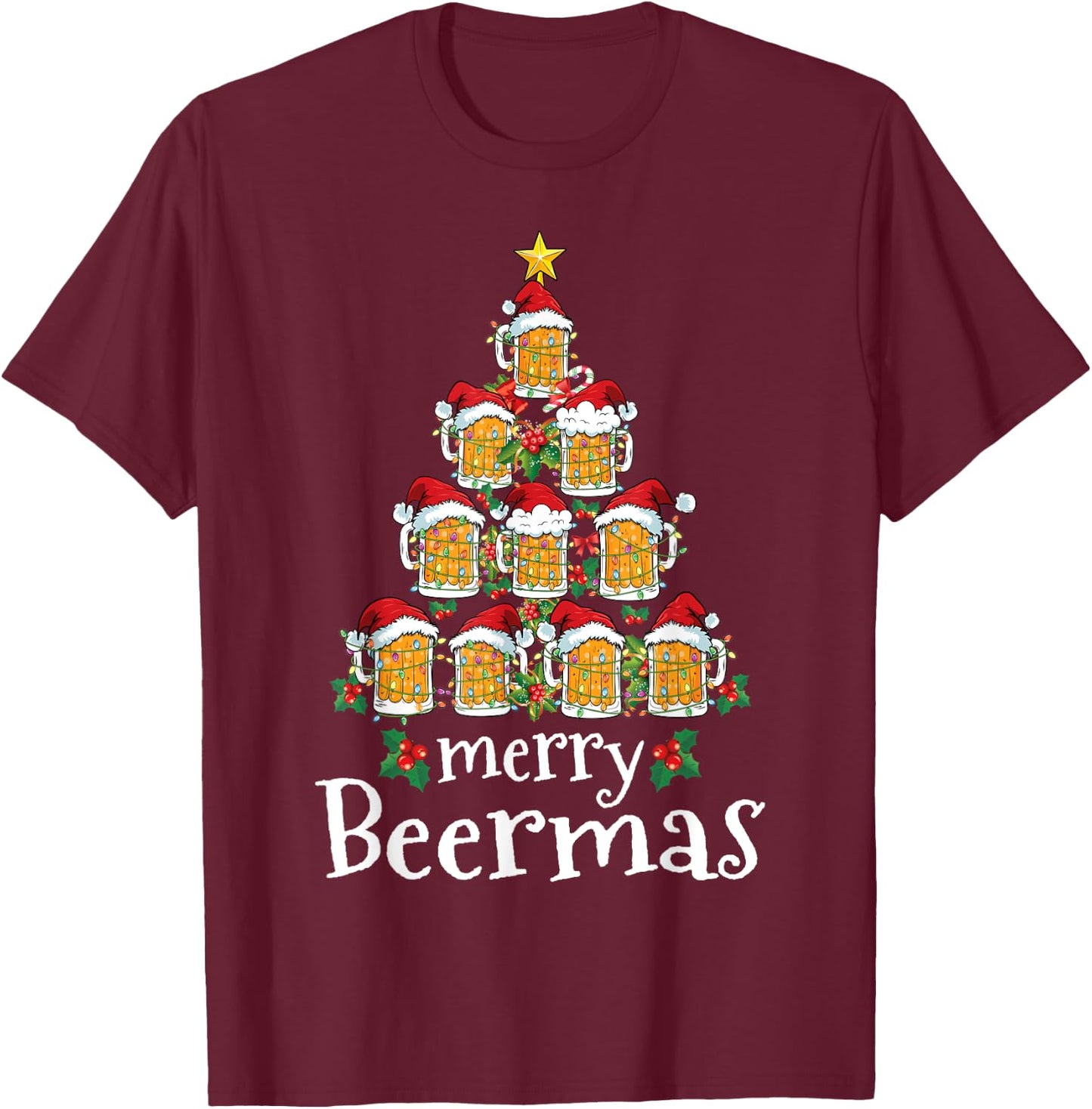 Funny Christmas Shirt Women Men Merry Beermas Beer Mug Tree T-Shirt - T-Shirt | Maroon