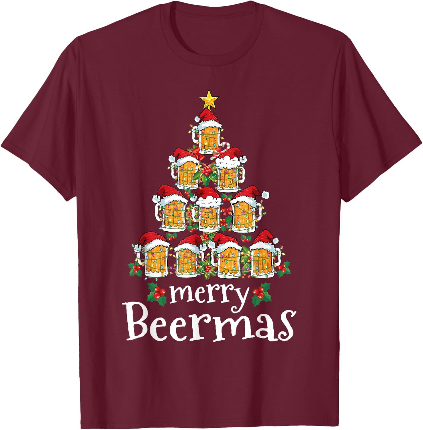 Funny Christmas Shirt Women Men Merry Beermas Beer Mug Tree T-Shirt - T-Shirt | Maroon
