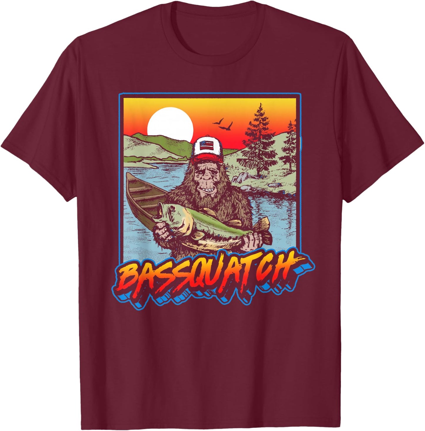 Bassquatch! Funny Bass Fishing Sasquatch Retro 80s T-Shirt - T-Shirt | Maroon
