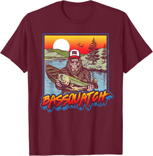 Bassquatch! Funny Bass Fishing Sasquatch Retro 80s T-Shirt - T-Shirt | Maroon