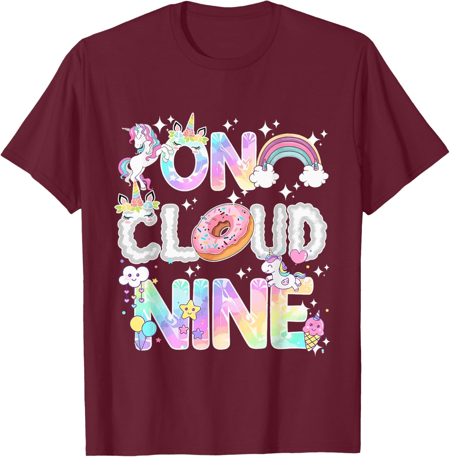 On Cloud Nine Unicorn Donut Birthday Shirt, 9th Birthday T-Shirt - T-Shirt | Maroon