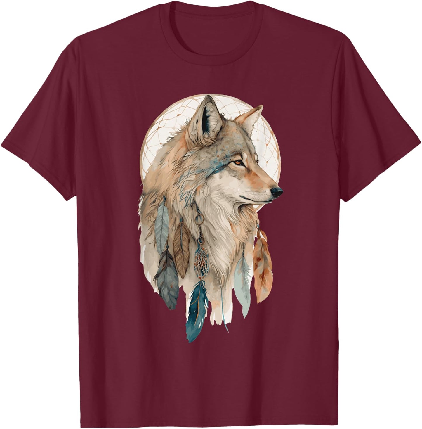 Wolf Tribal Watercolor Wolf Dream Catcher T-Shirt - T-Shirt | Maroon