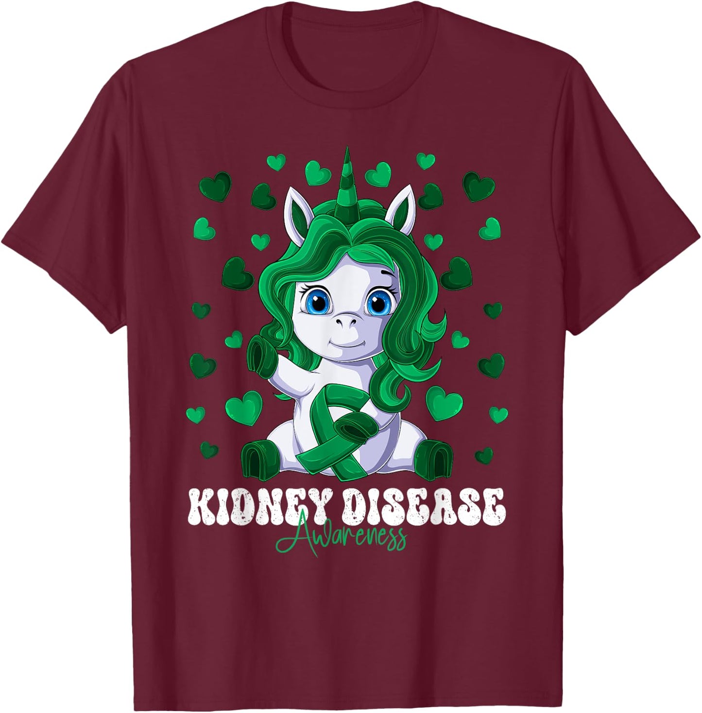 Kidney Disease Awareness Month Green Ribbon Unicorn T-Shirt - T-Shirt | Maroon
