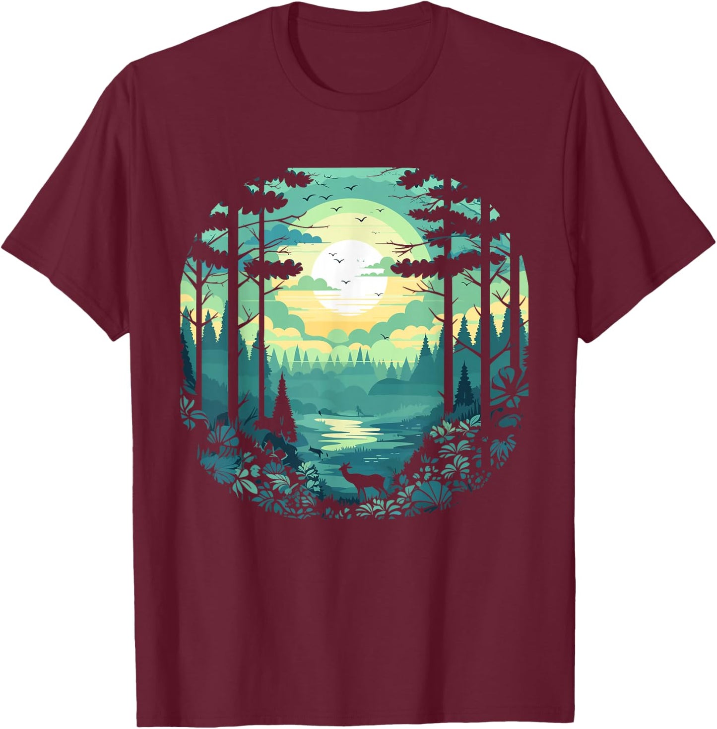 Sunset Forest And Nature Pine Tree Teal T-Shirt - T-Shirt | Maroon