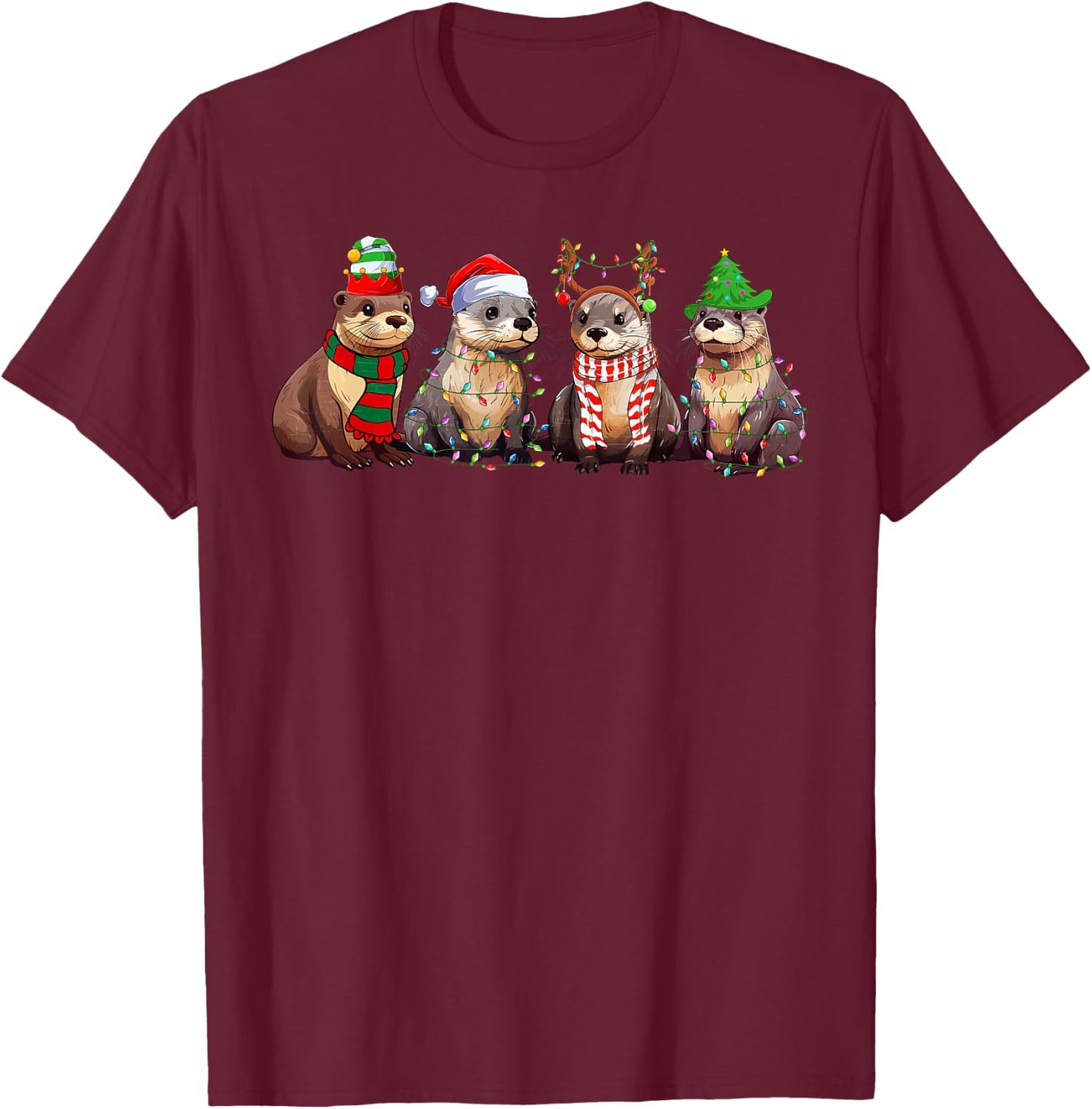 Cute Otter Christmas Pajama Funny Xmas Lights Animals Lover T-Shirt - T-Shirt | Maroon