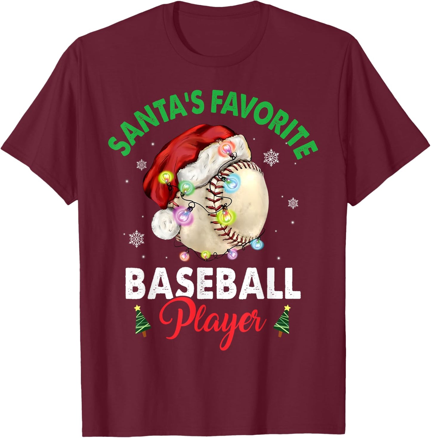 Santa's Favorite Baseball Player Christmas Pajama Men Women T-Shirt - T-Shirt | Maroon