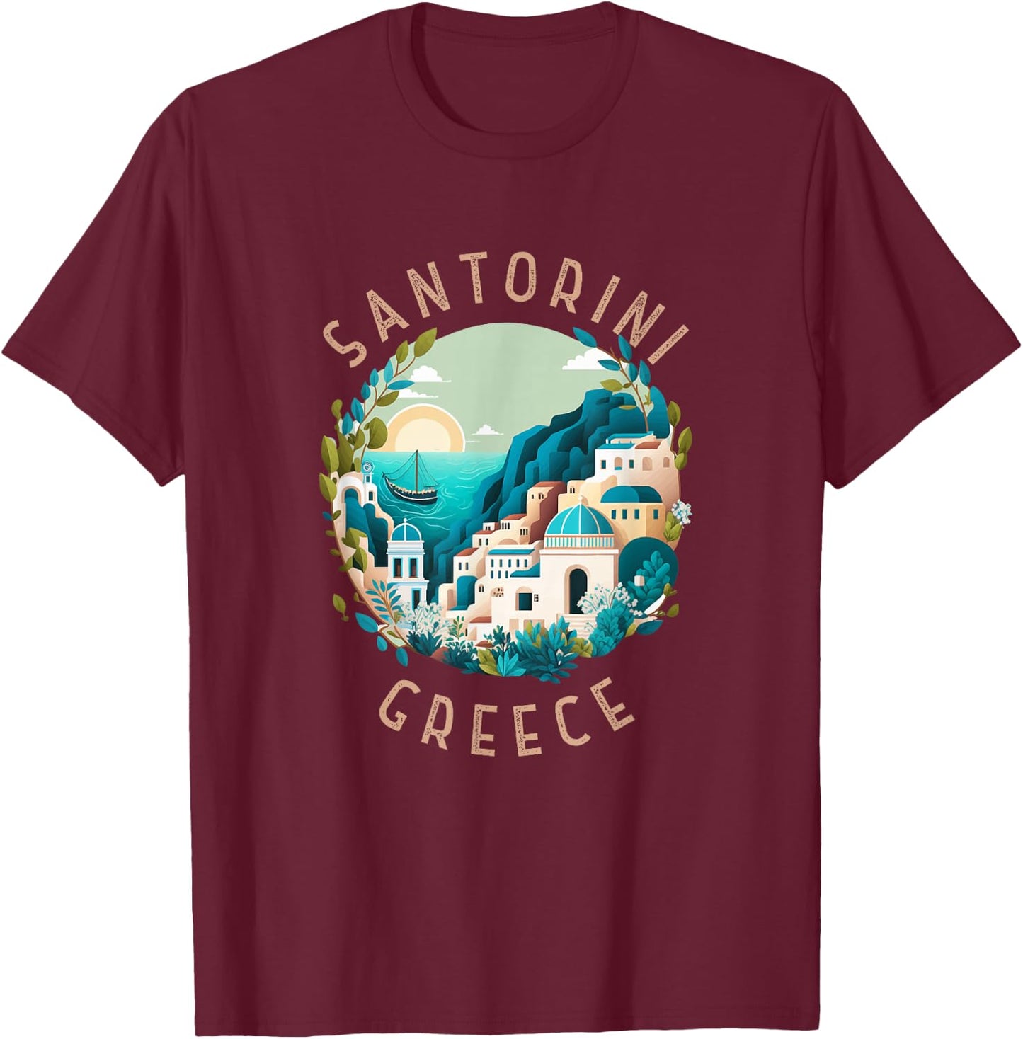 Santorini Greece Retro Distressed Circle T-Shirt - T-Shirt | Maroon