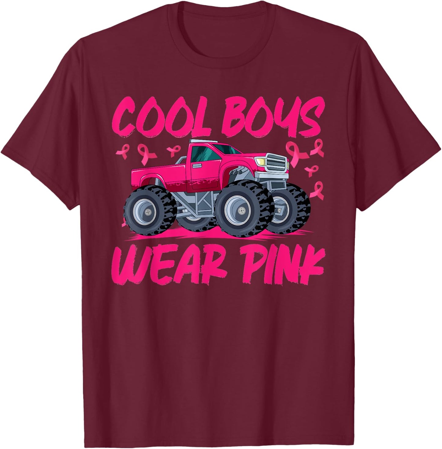 Monster Truck Breast Cancer Awareness Cool Boys Wear Pink T-Shirt - T-Shirt | Maroon