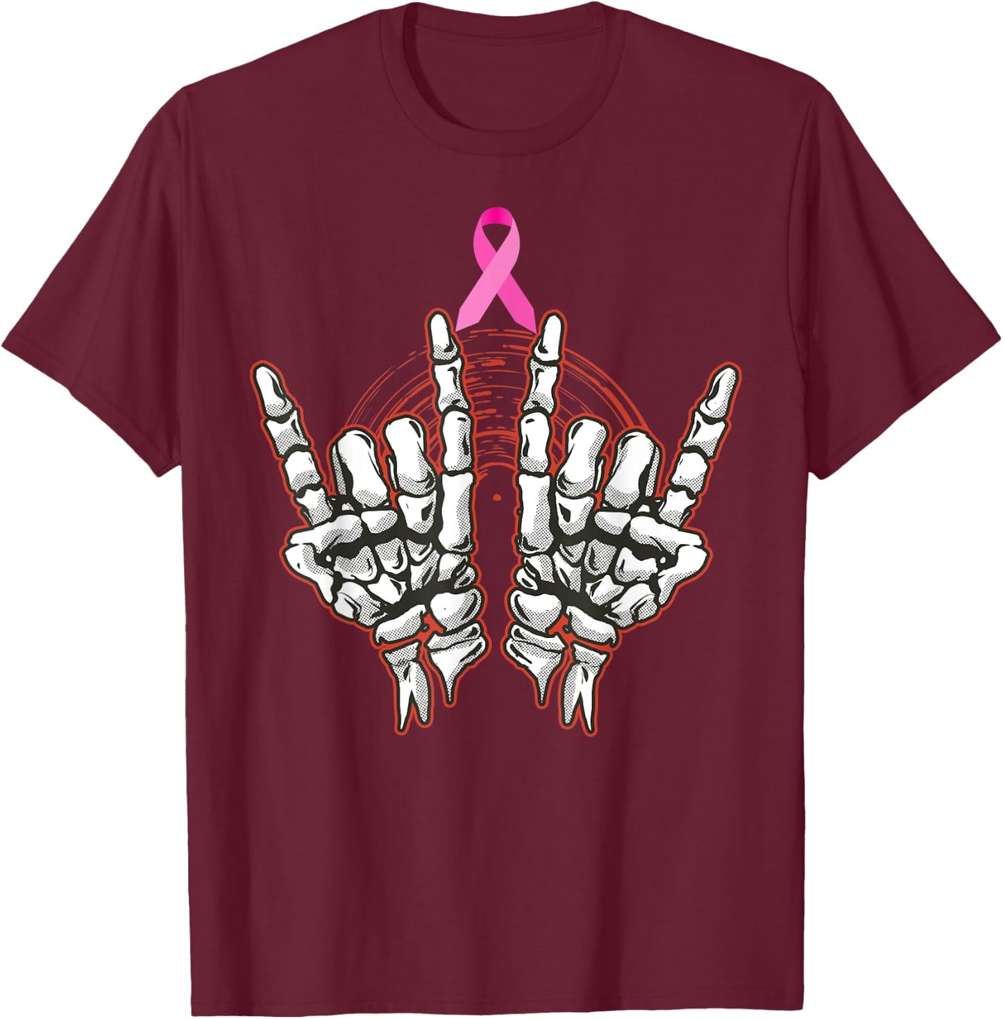Skeleton Rock On Breast Cancer Awareness 2022 Pink Ribbon T-Shirt - T-Shirt | Maroon