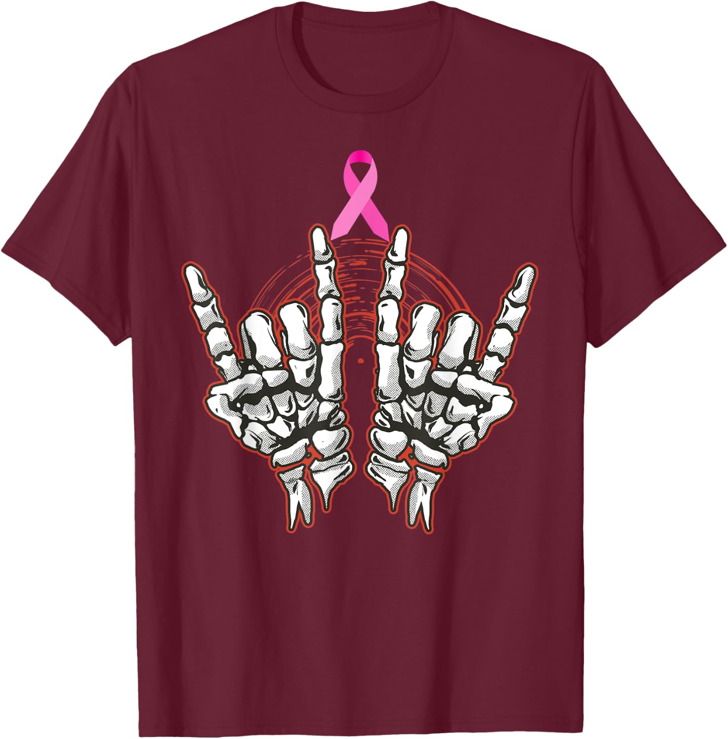 Skeleton Rock On Breast Cancer Awareness 2022 Pink Ribbon T-Shirt - T-Shirt | Maroon