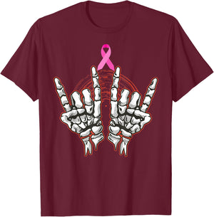 Skeleton Rock On Breast Cancer Awareness 2022 Pink Ribbon T-Shirt - T-Shirt | Maroon