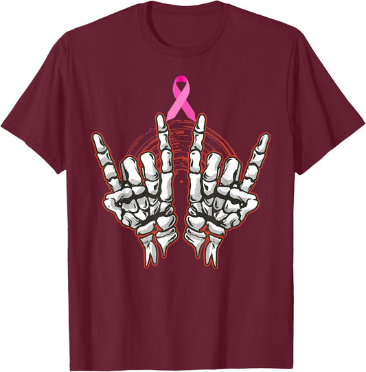 Skeleton Rock On Breast Cancer Awareness 2022 Pink Ribbon T-Shirt - T-Shirt | Maroon
