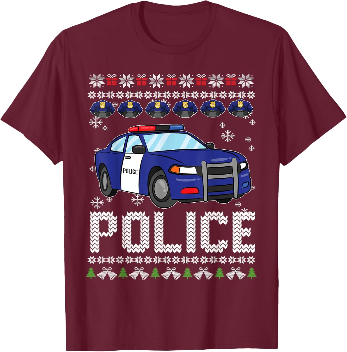 Police Car Ugly Christmas Pajama Xmas Policeman Cop Officer T-Shirt - T-Shirt | Maroon