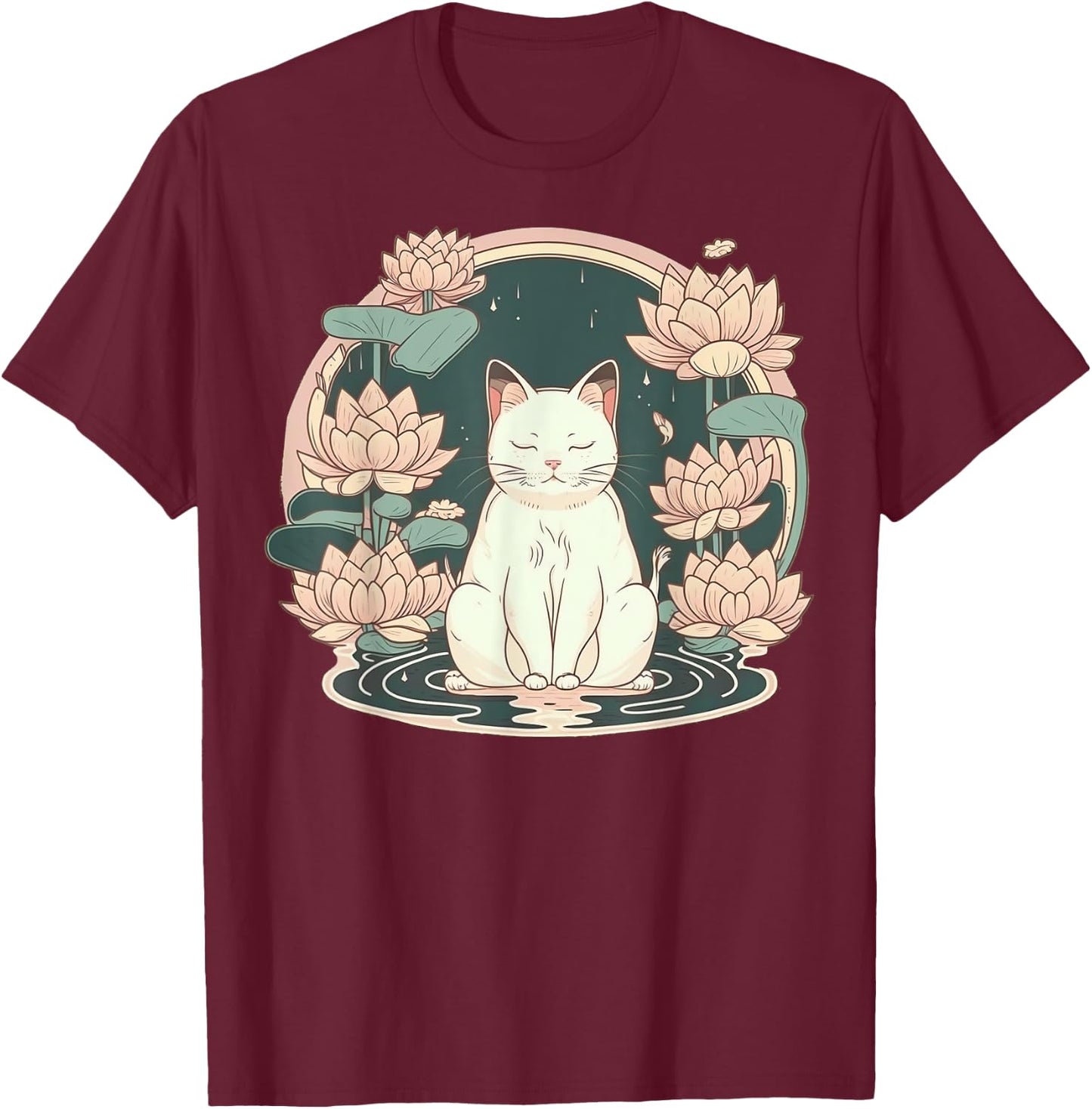 Yoga Meditation Spiritual Zen Lotus Cat on Lotus Flower T-Shirt - T-Shirt | Maroon