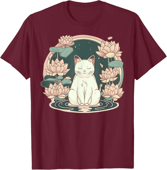 Yoga Meditation Spiritual Zen Lotus Cat on Lotus Flower T-Shirt - T-Shirt | Maroon