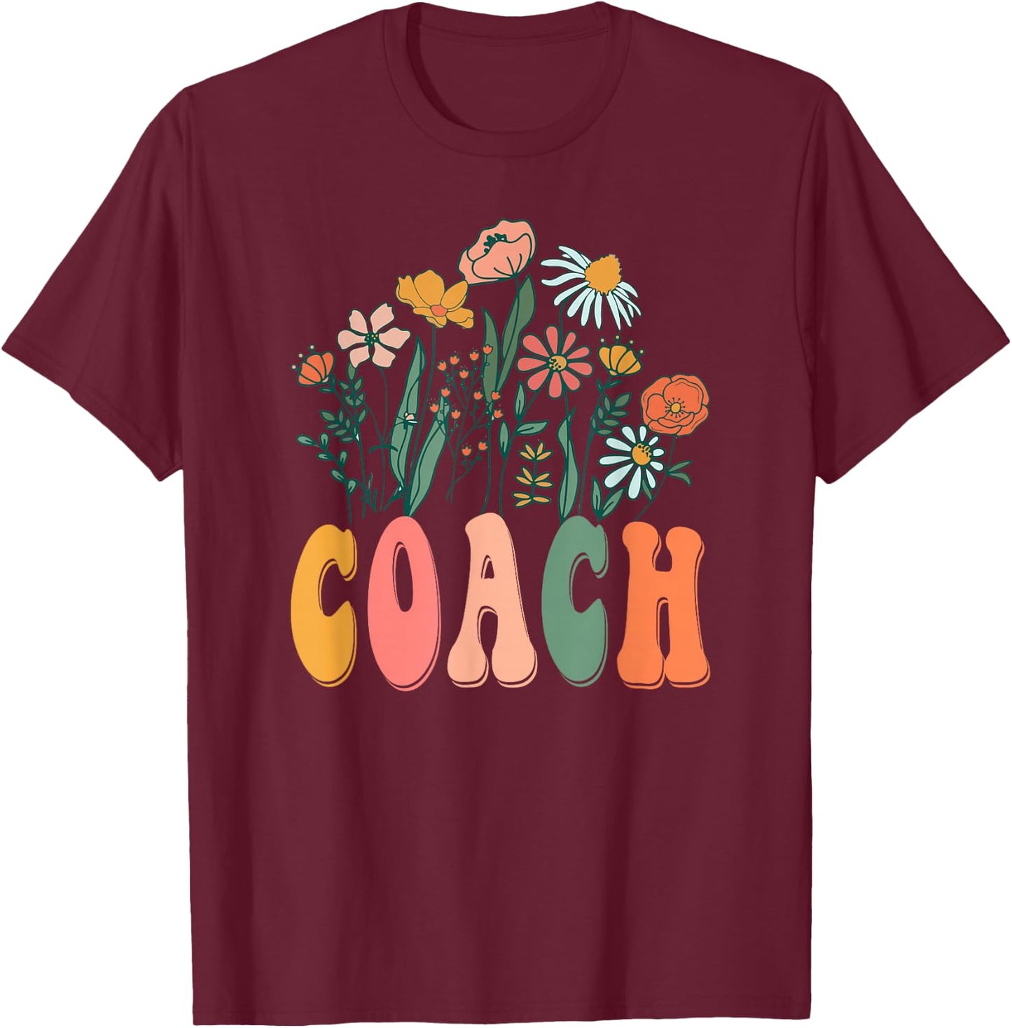 Retro Groovy Floral Coach Wildflower T-Shirt - T-Shirt | Maroon