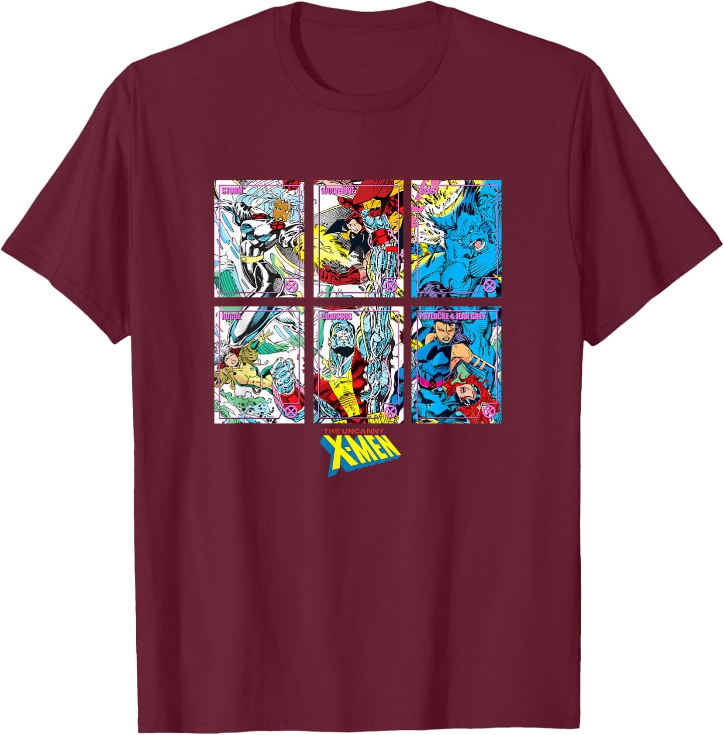 Marvel X-Men Classic Characters Collection Cards Panels T-Shirt - T-Shirt | Maroon
